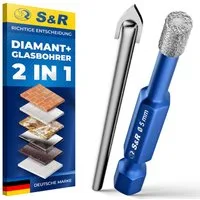 S&R Bohrersatz Professional 2-tlg Set 5 mm Diamantbohrer, Glasbohrer & Fliesenbohrer, (1 Diamantbohrer und Karbidbohrer mit Durchmesser: 5 mm), Harte Keramik, Granit, Glas, Porzellan, Fliesen, Feinsteinzeug, Marmor