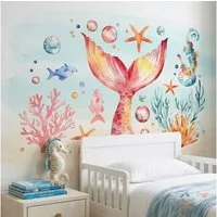 Montegoni Wandsticker Meerjungfrau Wandsticker Kinderzimmer Unterwasser Wandtattoo Deko (Mehrteiliges Wandtattoo Set, 1stk. Unterwasser Wandsticker), Selbstklebend, farbstabil, rückstandslos, individuell platzierbar