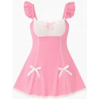 Elegant Love Babydollkleid Kurzes Negligé mit Spitzenbesatz – Nachtwäsche mit Rüschenärmeln Sexy Damen Dessous & Reizwäsche – Satinkleid als elegante Loungewear