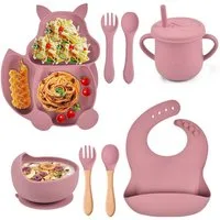 KINSI Kindergeschirr-Set Kindergeschirr-Set 8-teilig, Silikongeschirr, Eichhörnchen-Design, 1 Personen, rutschfestes, Löffel-, Gabel-, Schüssel-, Teller- und Besteckset