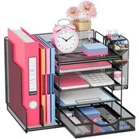 SURFOU Organizer Schreibtisch Organizer ZubehörStiftehalter Bürobedarf Briefablage (Büro organizer, Büro Gadgets, Stehsammler Dokumentenablage, Briefablage, Schreibtisch Organizer mit Aktenhalter, 5 Tier Briefablage Ablagefächer mit Schublade,1 Stift