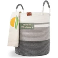 WIESEN.design Wäschekorb EMILIA Ø41xH46 cm 61L, Wäschekorb geflochten aus Baumwolle (faltbarer Wäschekorb, Wäschetonne, laundry basket, Wäschesammler, Aufbewahrungskorb groß, Korb geflochten), inkl. schwerem Wäschesack, gratis Versand