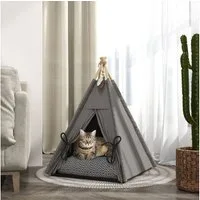 PawHut Tierbett mit abnehmbar und waschbar Kissen, rutschfestem Boden, Spielball, Oxfordstoff, für Katzen unter 5kg, Mini Hunde, 60 x 60 x 76 cm, Grau