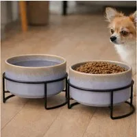 Koopman Futternapf Hundenapf Katzennapf Fressnapf 17x10cm Keramik 2er Set, Keramik, Hellblau / Grau, Keramik, 1 Liter je Napf, Metall, Standsicher