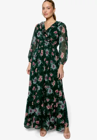 zero - Maxikleid langarm mit Blumen Dark Green/Pink - Gr. - 40