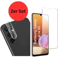 CLM-Tech Displayschutzglas 1X Panzerfolie und 1X Kameraschutz für Samsung Galaxy A14 5G, - Panzerglas Folie - Anti-Fingerabdruck und kratzfest -, 2 Stück, Unterstützt Fingerabdruck-ID, Kristallklar