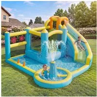 Merax Hüpfburg mit Gebläse,aufblasbare Wasserspielburg, Wasserpark, (430x390x210cm, 1-tlg), mit Rutsche, Trampolin, Springbrunnen, Planschbecken, Ringwurfspiel