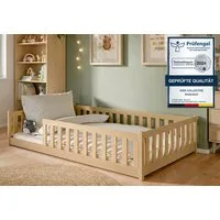 Kids Collective Kinderbett Bodenbett Bett mit Rausfallschutz & Lattenrost Montessori Bett Kinder (Jungen, Mädchen, Kinder, weitere Größen 80x160, 80x180, 90x190, 90x200, 140x200 cm), Jugendbett Gitterbett Einzelbett mit Matratze, Natur 120x200 cm