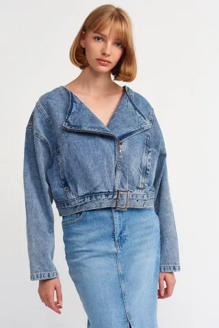 Damen Jeans-Bikerjacke mit Gürtel