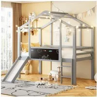 Flieks Hochbett Kinderbett Hausbett 90x200cm mit Graffiti-Tafel, Leiter und Rutsche