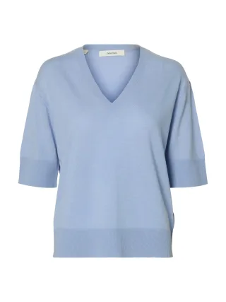 selected women - SLFTHEA SS KNIT MERINO V-NECK NOOS Cashmere Blue - Gr. - M