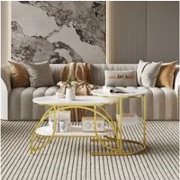BELUPAI Couchtisch 2er Set, Wohnzimmertisch oval und rund, modern Satztisch, Beistelltisch mit Marmormuster,Gold Metallgestell,Weißes Paneel