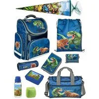 Familando Schulranzen CLOU Schultasche 1.-4. Klasse ergonomisch, leicht, Volumen 15 Liter (Komplett-Set, 10-tlg., mit Lunch-Set, Sporttasche und Schultüte 85 cm), Dino T-Rex Dinosaurier Motiv