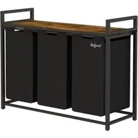 Zelsius Wäschekorb Wäschesammler 3 Fächer, Schwarz, 92,5 x 33 x 72 cm, mit Ablage