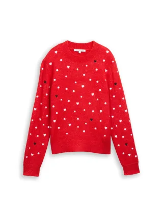 Denim Tom Tailor - Relaxed Fit Strickpullover mit Stickereien red with hearts - Gr. - L