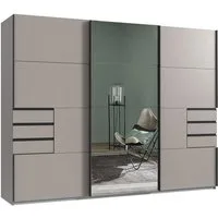 luma-home Schwebetürenschrank 22615 (B270/H208/T64 cm Kleiderschrank mit Vollausstattung, schwarze Griffleisten) in Sandgrau, 6 sichtbare Schubladen, Mitteltür Spiegelfront