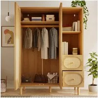 REDOM Kleiderschrank 120x161x44 cm mit Rattanfront (Packung, 1-St., 2 Türen, 2 Schubladen & offene Regale, Kleiderstange) Ideal für Schlafzimmer & Flur, einfache Montage