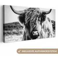 OneMillionCanvasses® Leinwandbild Panorama Schottischer Highlander - Natur - Kuh - Schwarz - Weiß, Fotodruck (1 St), Wandbild, Deko Schlafzimmer Wohnzimmer Flur 40x20 cm