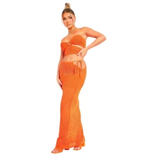 Missy Empire - Langer Rock für Damen, Ausschnitt, gehäkelt, Schmal (Orange)