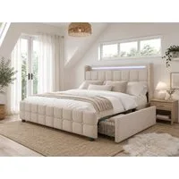 Flieks Polsterbett, LED-Beleuchtung Doppelbett 160x200cm mit Ladefunktion und 4 Schubladen