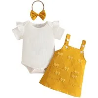 Lapastyle T-Shirt & Kleid Kleidung für Babymädchen, Kurzarm-Strampler, Latzkleid und Stirnband (Set, 3-tlg) Sommerliche Rüschen-Outfit-Sets, für Partys und Urlaub