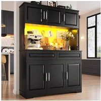 Flieks Küchenbuffet Hochschrank mit Arbeitsplatte, LED-Beleuchtung und Schubladen (1-St., B108/T40/H180 cm) Mehrzweckschrank Küchenschrank mit verstellbaren Einlegeböden Schwarz