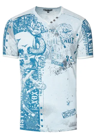 V-Neck T-Shirt mit All Over Skull X Snake Print und Wildleder-Details