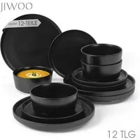 JIWOO Geschirr-Set 12tlg Kombiservice Teller-Set Tafelservice Schüssel-Set Speiseteller (12-tlg), 4 Personen, Keramik, Hochwertiges Geschirr set Schwarz Mikrowellen spülmaschinenfest