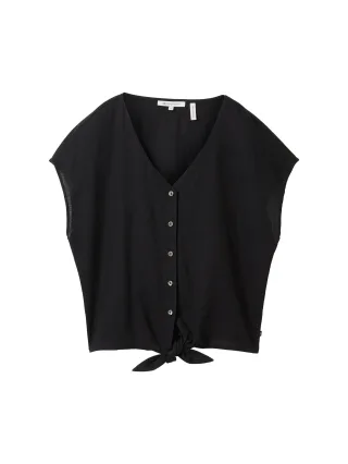 Denim Tom Tailor - Leinenbluse mit Knotendetail deep black - Gr. - M