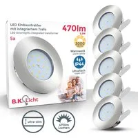 B.K.Licht LED Einbauleuchte 5er Set Bad Einbaustrahler, IP44 geschützt, LED Einbauspots, flach, Dimmfunktion, LED fest integriert, Warmweiß, 3.000K, 470Lm, 5,5W, Kunststoff, 7,5 x 3 cm, Nickel