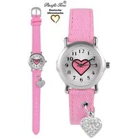 Pacific Time Quarzuhr Kinder Armbanduhr mit Herzanhänger Stoffarmband, funkelndes Herzchen am Armband - Gratis Versand