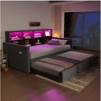 REDOM Schlafsofa mit Ausziehfunktion, LED-Lichtleiste & integrierten Ladeanschlüssen, Samtbezug & Stauraum im Kopfteil, Polsterbett Funktionsbett, ohne Matratze, 90/180x190 cm