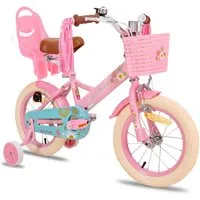 JOYSTAR Kinderfahrrad 12, 14, 16 Zoll Mädchenfahrrad, 3 - 8 Jahre,Geschenk für Prinzessin, 1 Gang, Mit Hilfsrädern, farbigen Bändern, Korb, Reflektor, Kettenabdeckung