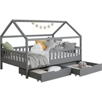 Ticaa Hausbett Kay mit Rausfallschutz und Schubkasten aus Kiefer, Kinderbett 120x200, inkl. Dach, mit Rollrost, mit Matratze