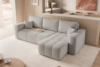 Ecksofa Schlafsofa Sofa LEROS in Stoff Manila Hellgrau Ottomane Rechts