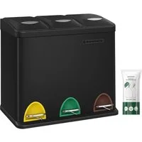 SONGMICS Mülleimer 3x8 L, kleine Kapazität, Mülltrennsystem 3 Fächer, für kleine Familien, Küche, mit Deckel, Stahl-Treteimer, Pedale und Inneneimer, schwarz