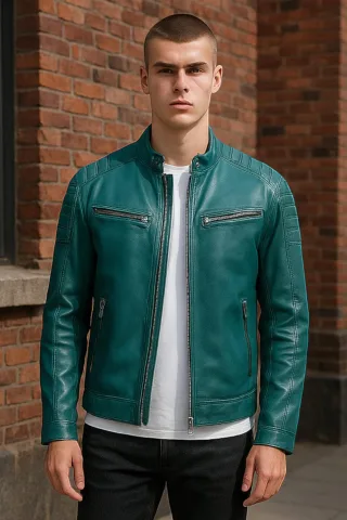 Moderne, klassische, gesteppte Bikerjacke aus grünem Leder für Herren – Smithton