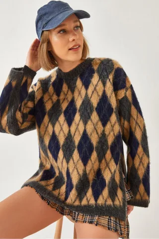 Crew-Nack Schlitz Strickpullover im Baklava-Muster