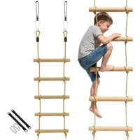 AIYAPLAY Slackline 5-stufige Kletterleiter mit 2 Karabinern und 2 Baumgurten, für 3-8 Jahre Kinder Naturholz
