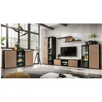 Lomadox Wohnzimmer-Set CATANZARO-164, (Mega-Spar-Set, 5-St., Sideboard Vitrine Wandboard Lowboard Highboard), in schwarz mit Lamellen in Hickory Eiche, inkl. LED-Beleuchtung