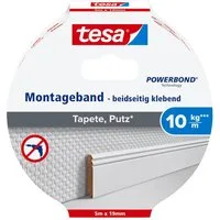 tesa Doppelklebeband POWERBOND Tapete, Putz Doppelseitiges Klebeband - 5 m : 19 mm (Packung, 1-St) Montageband extra stark - sichere Wandbefestigung ohne Bohren