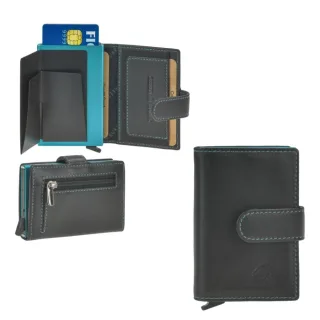 Kartenetui mit RFID-Schutz aus Leder schwarz-türkis | Greenburry Royal Nappa | Intelligentes Alucase-Portemonnaie mit farblichem Akzent für Damen und