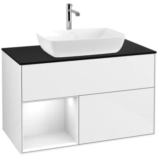 Villeroy und Boch Finion Waschtischunterschrank F772GFGF 100cm, Abdeckplatte black matt, Regale Glossy white lacquer, Glossy white lacquer