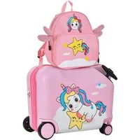 COSTWAY Kinderkoffer 12"+18" Kindertrolley, zum sitzen, mit 4 Rollen & Rucksack