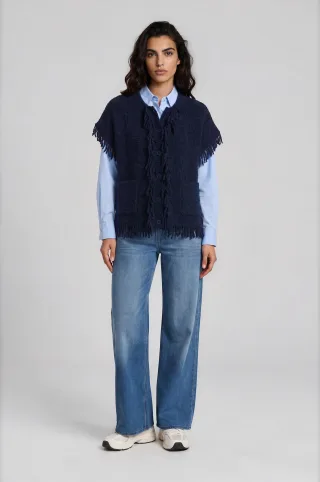 Milano Italy - sleeveless roundneck vest with raveled thread on sleeve, neck navy - Gr. - L