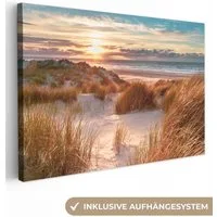 OneMillionCanvasses® Leinwandbild Düne - Pflanzen - Sonnenuntergang - Strand - Meer, Fotodruck (1 St), Leinwand Bilder Klein, Wand Dekoration Aesthetic 30x20 cm