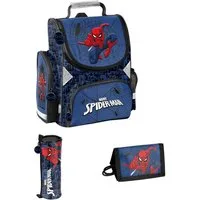 PASO Schulranzen mit Faulenzer Federmappe & Portemonnaie (3-Tlg), Spider-Man - blau, schwarz