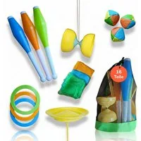 alldoro Spiel Jonglier-Set für Kinder & Anfänger, 16 Teile im Rucksack, Jonglierbälle, Diabolo, Tücher, Ringe, Keulen und Jonglierteller