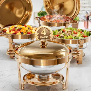 WARMOUNTS Rose Gold Chafing Dish Buffet Set with Lid 5L 2/4 Pack Round Food Warmer for Catering Buffet with Lid Holder M