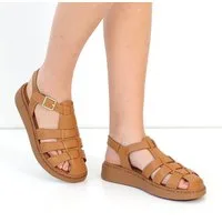 Celal Gültekin Plateau Riemchen Flach Schnalle Retro Damen Römersandale Glattleder, Echtleder-Futter & Decksohle, Hellbraun, 37
